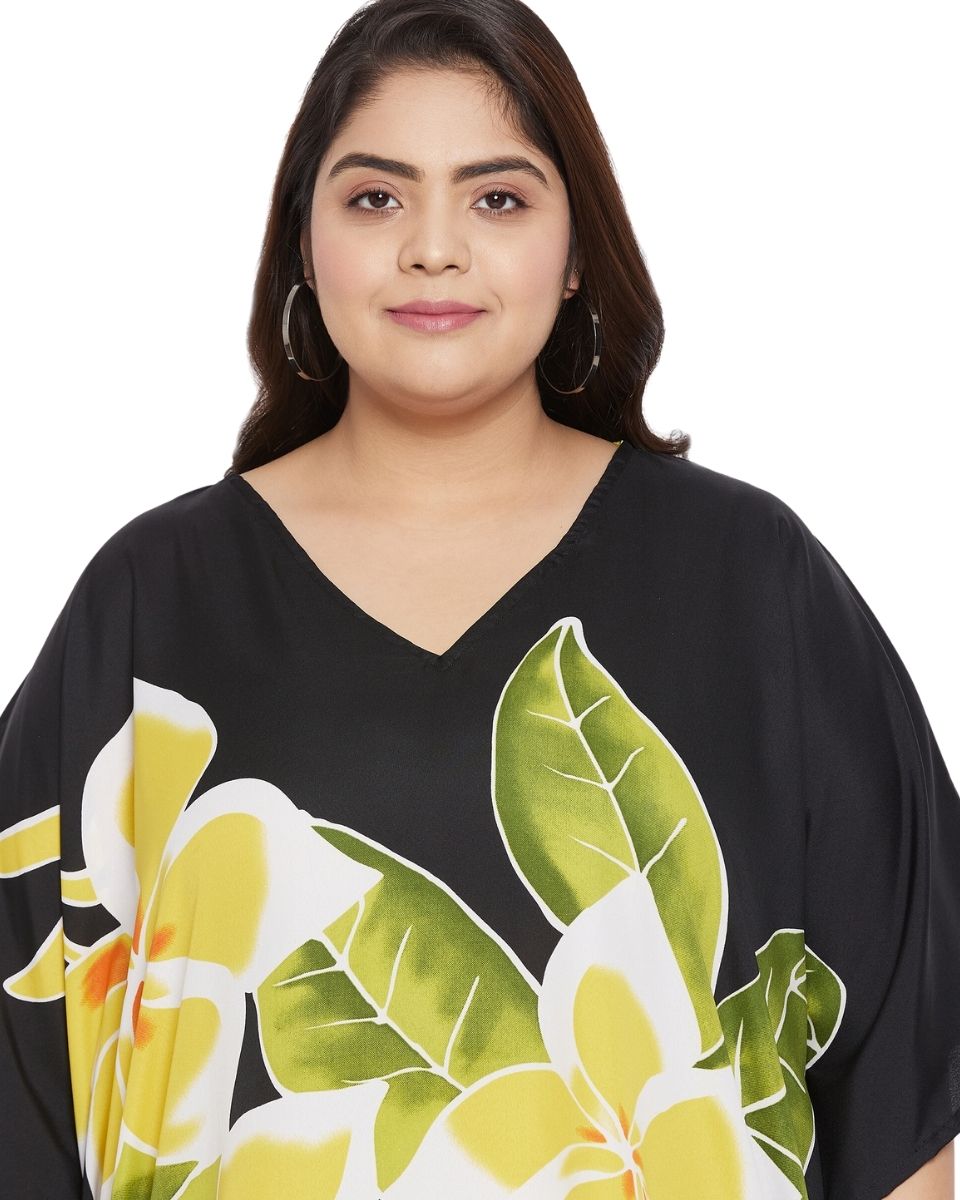 Floral Printed Black Polyester Plus Size Tunic Top For Women