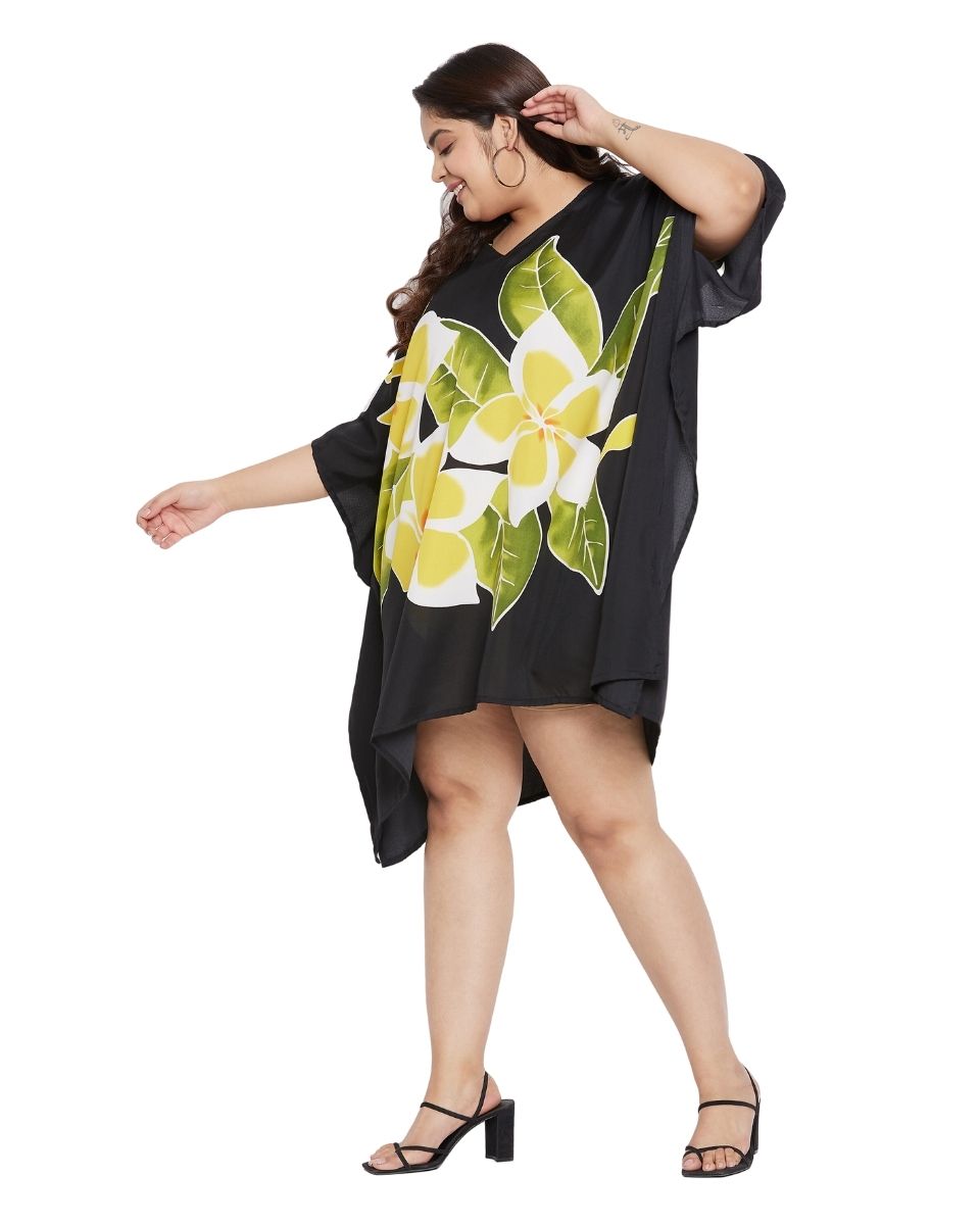 Floral Printed Black Polyester Plus Size Tunic Top For Women