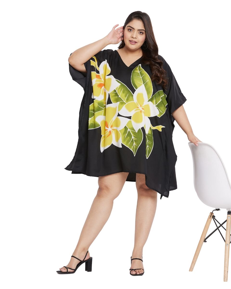 Floral Printed Black Polyester Plus Size Tunic Top For Women
