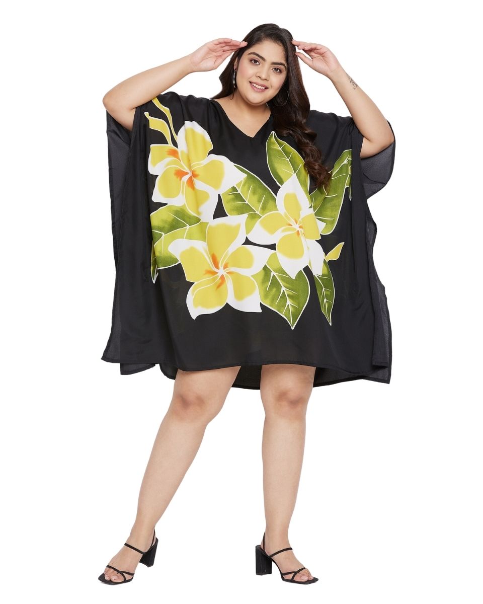 Floral Printed Black Polyester Plus Size Tunic Top For Women