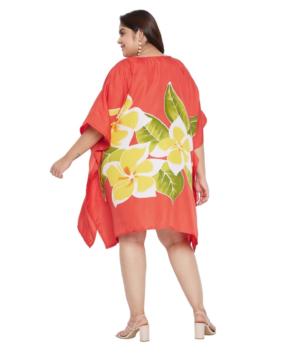 Floral Printed Red Polyester Tunic Top Dress Plus Size For Women