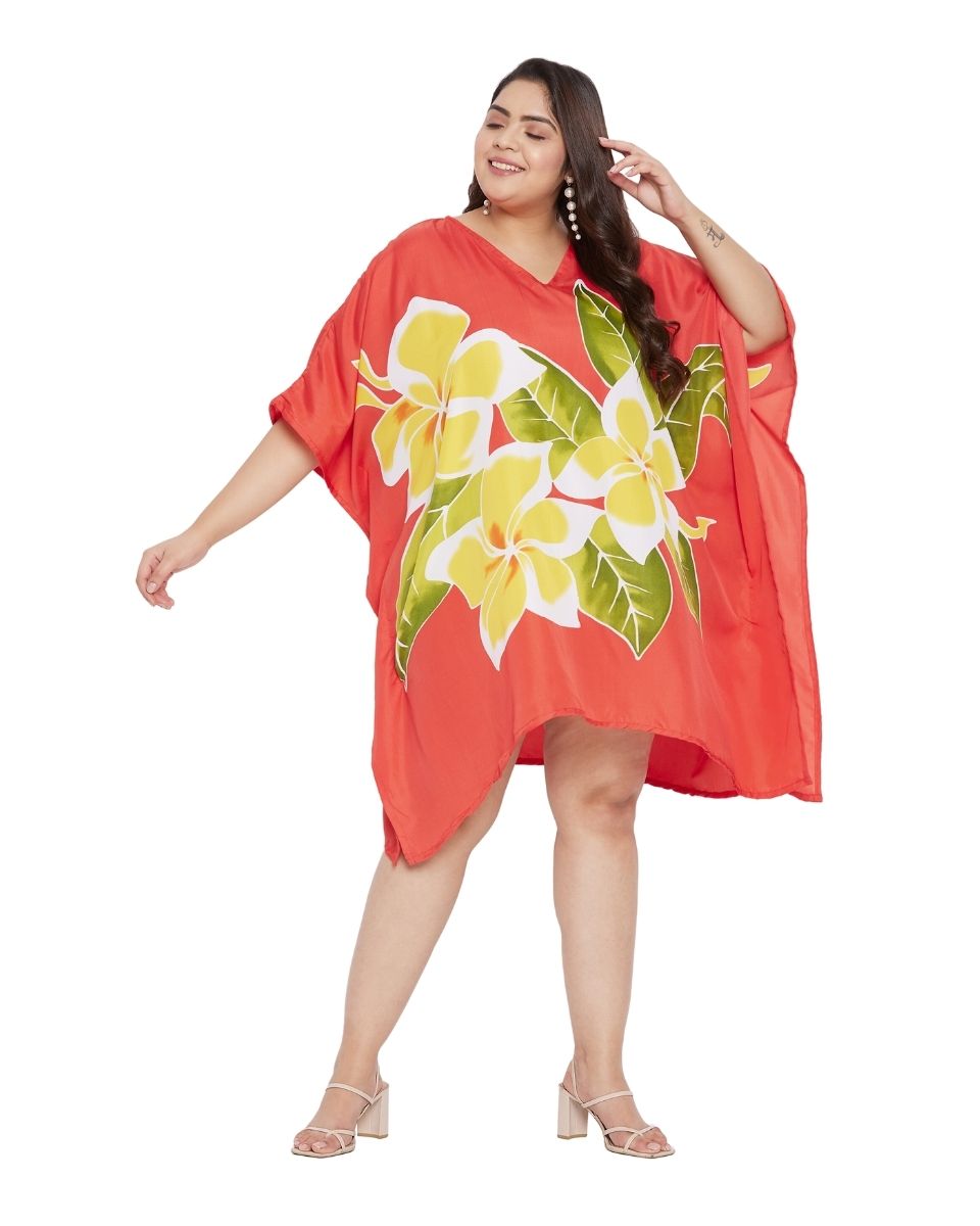 Floral Printed Red Polyester Tunic Top Dress Plus Size For Women