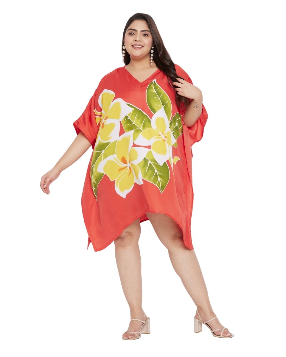 Floral Printed Red Polyester Tunic Top Dress Plus Size For Women
