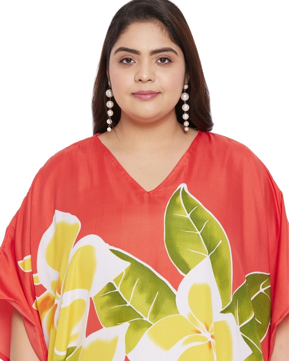 Floral Printed Red Polyester Tunic Top Dress Plus Size For Women