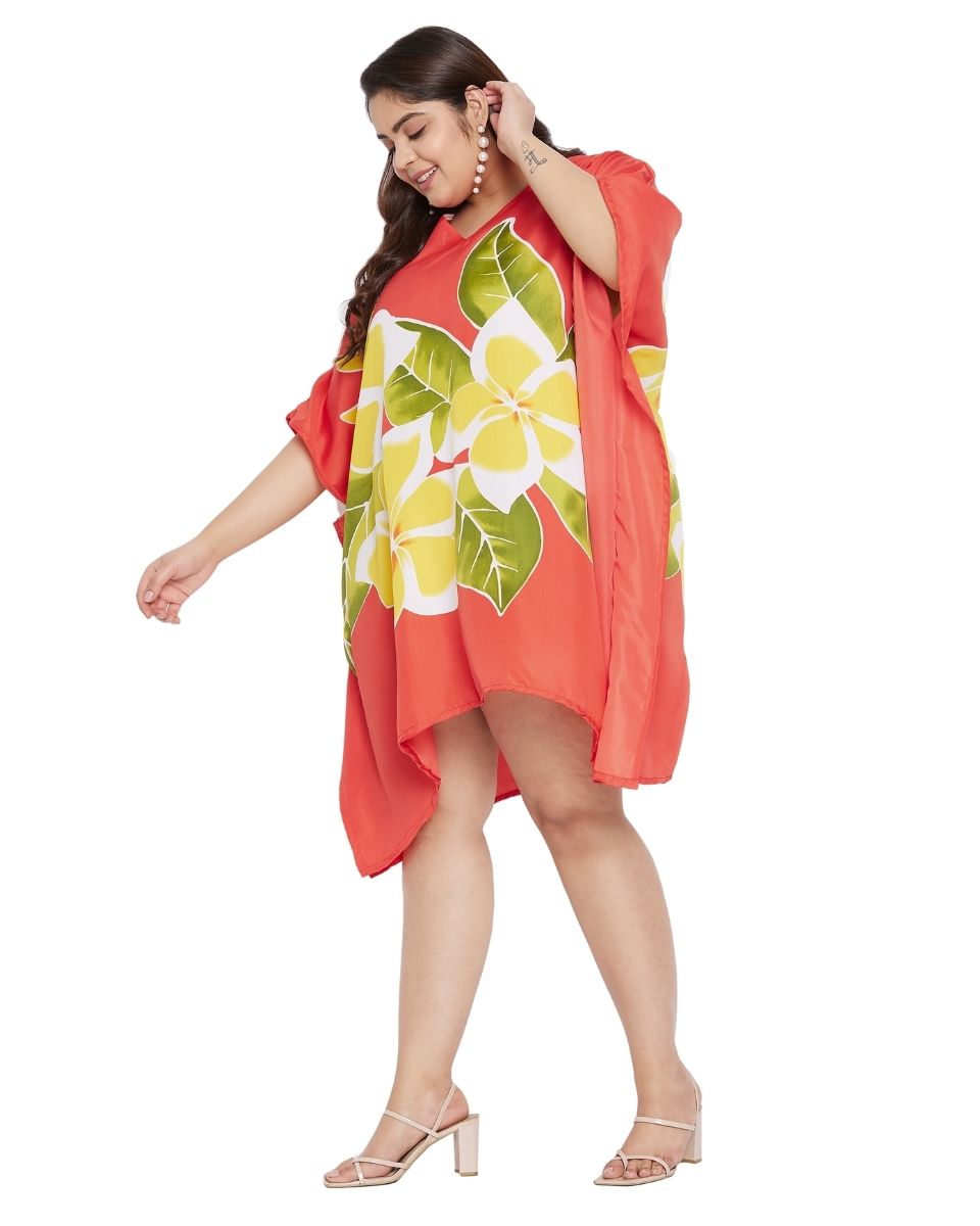 Floral Printed Red Polyester Tunic Top Dress Plus Size For Women