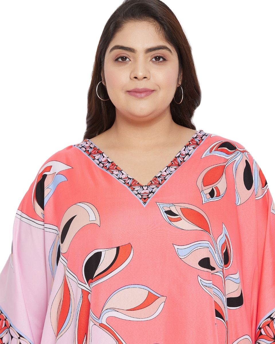 Leaf Printed Pink Plus Size Lemonade Polyester Tunic Top For Women