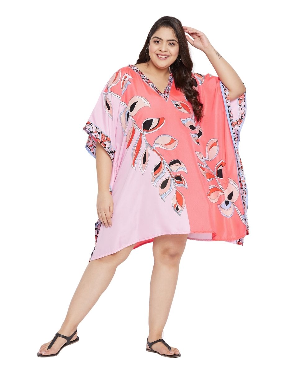 Leaf Printed Pink Plus Size Lemonade Polyester Tunic Top For Women