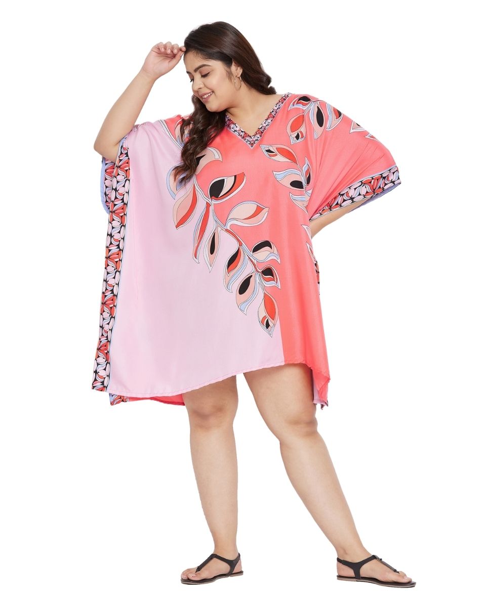 Leaf Printed Pink Plus Size Lemonade Polyester Tunic Top For Women