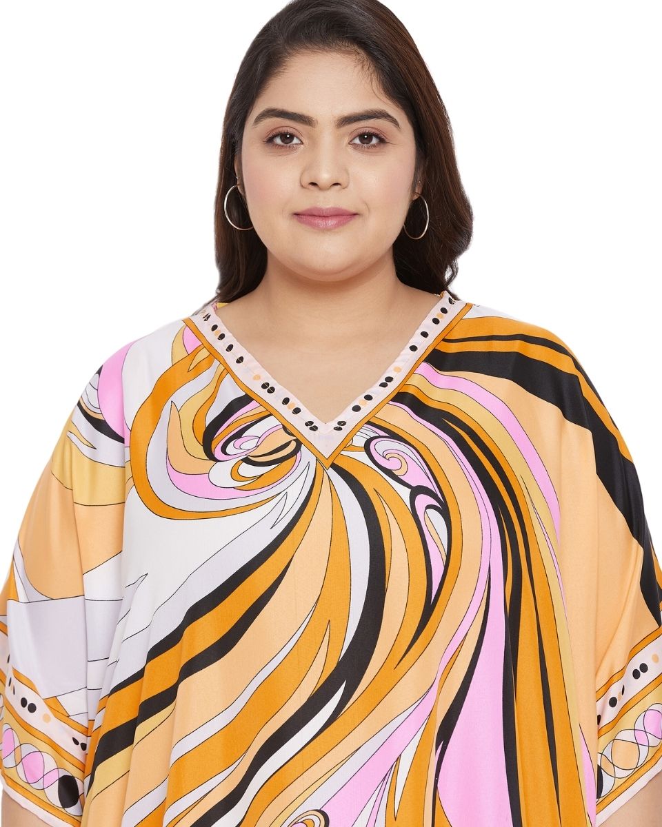 Abstract Printed Yellow Polyester Tunic Top For Plus Size Women