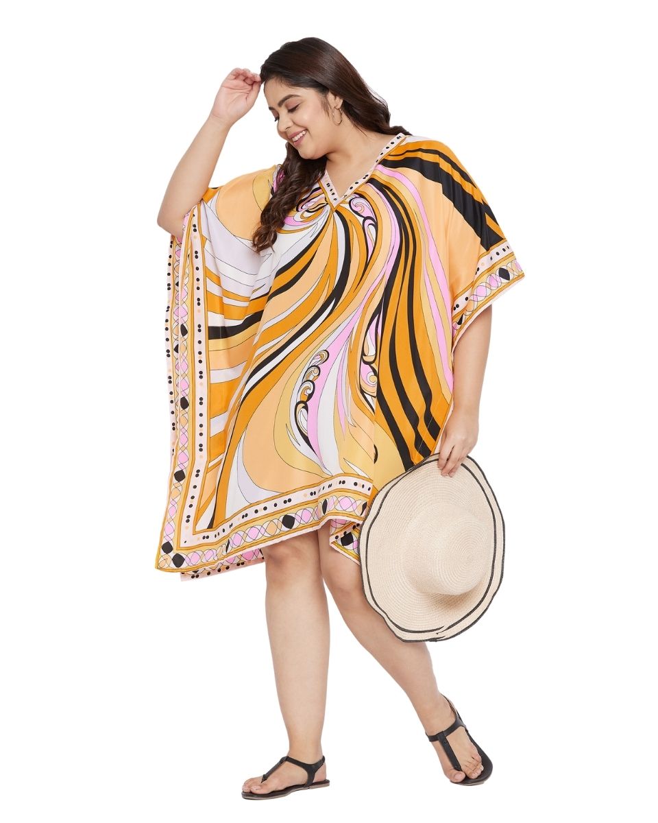 Abstract Printed Yellow Polyester Tunic Top For Plus Size Women