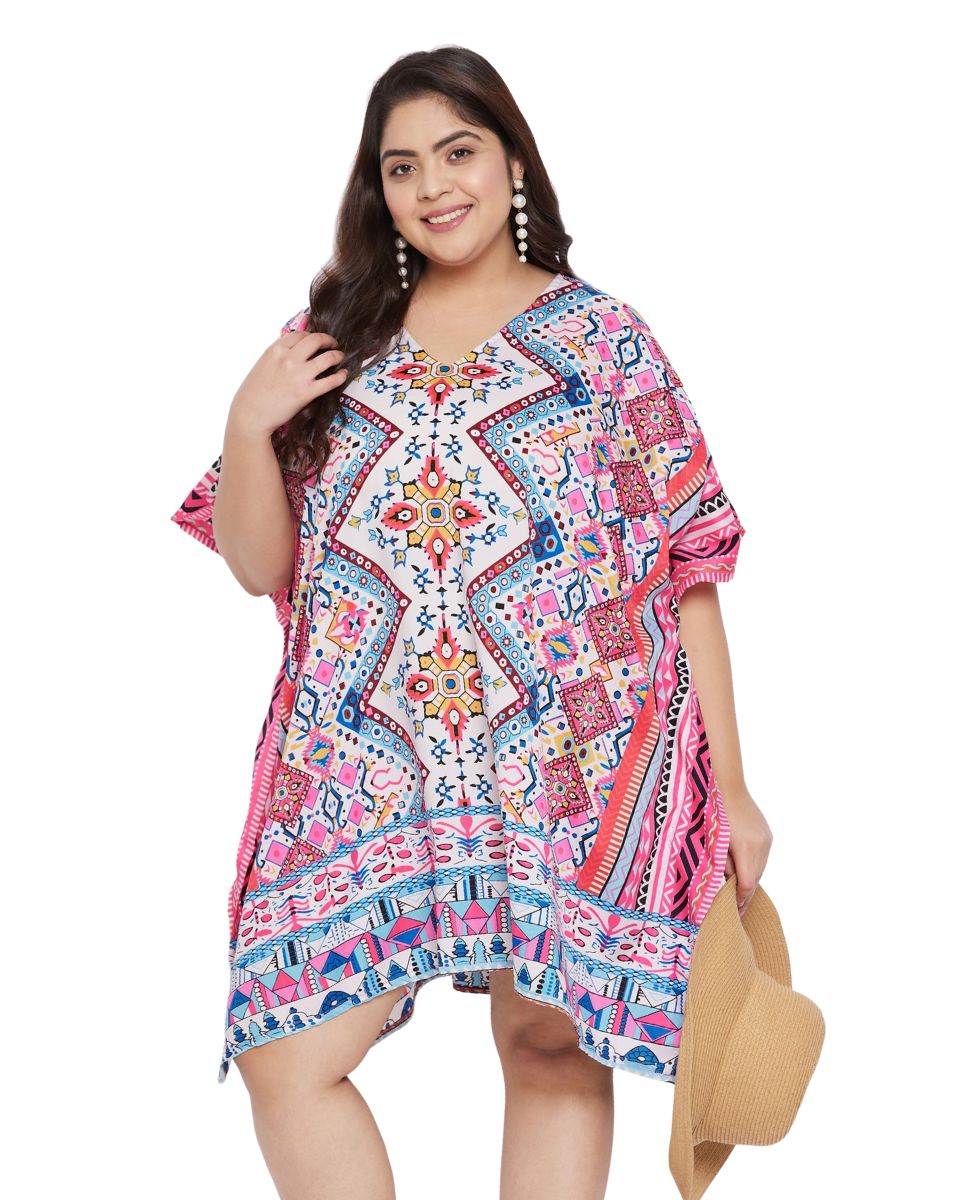 Floral Printed Pink Polyester Tunic Top For Plus Size Women