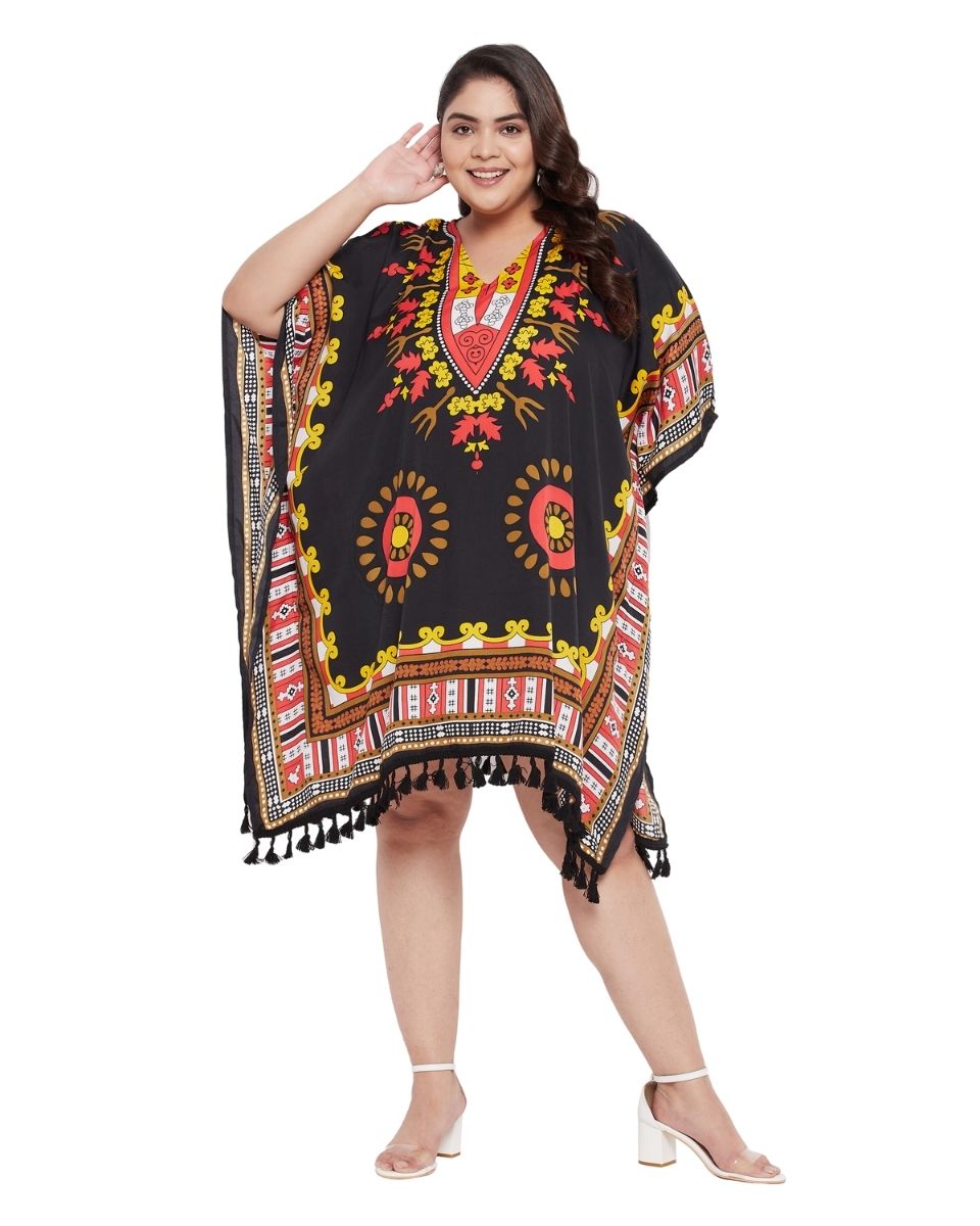 Top Tribal Printed Black Polyester Plus Size Tunic For Women