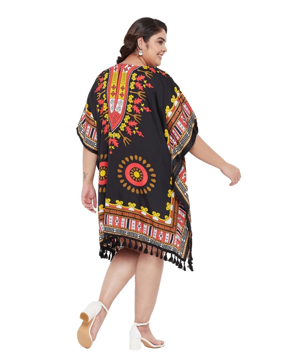 Top Tribal Printed Black Polyester Plus Size Tunic For Women