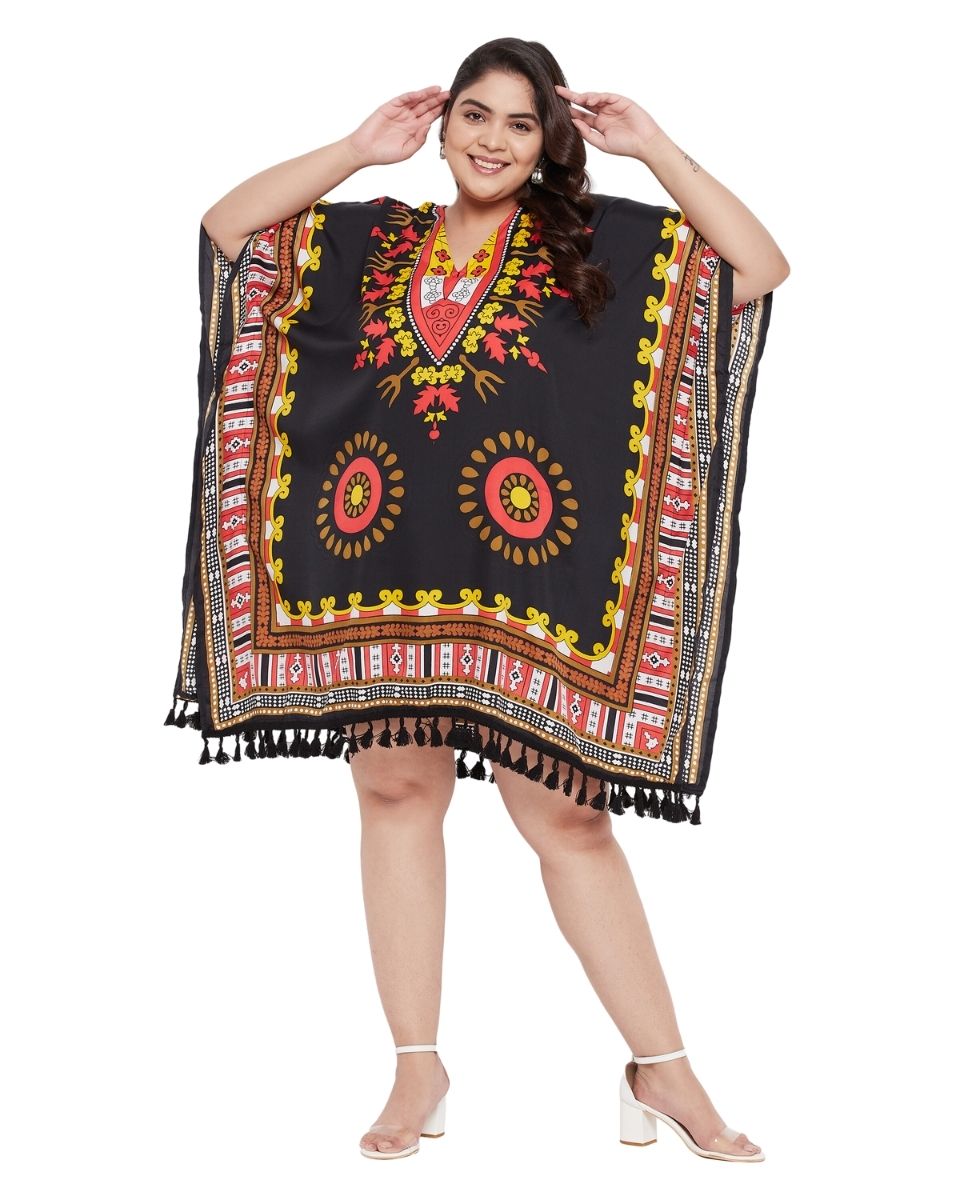 Top Tribal Printed Black Polyester Plus Size Tunic For Women