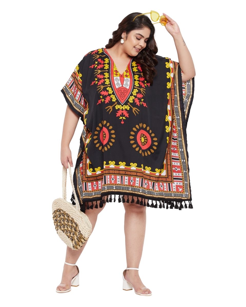 Top Tribal Printed Black Polyester Plus Size Tunic For Women