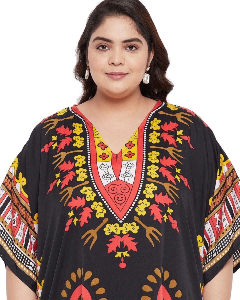 Top Tribal Printed Black Polyester Plus Size Tunic For Women