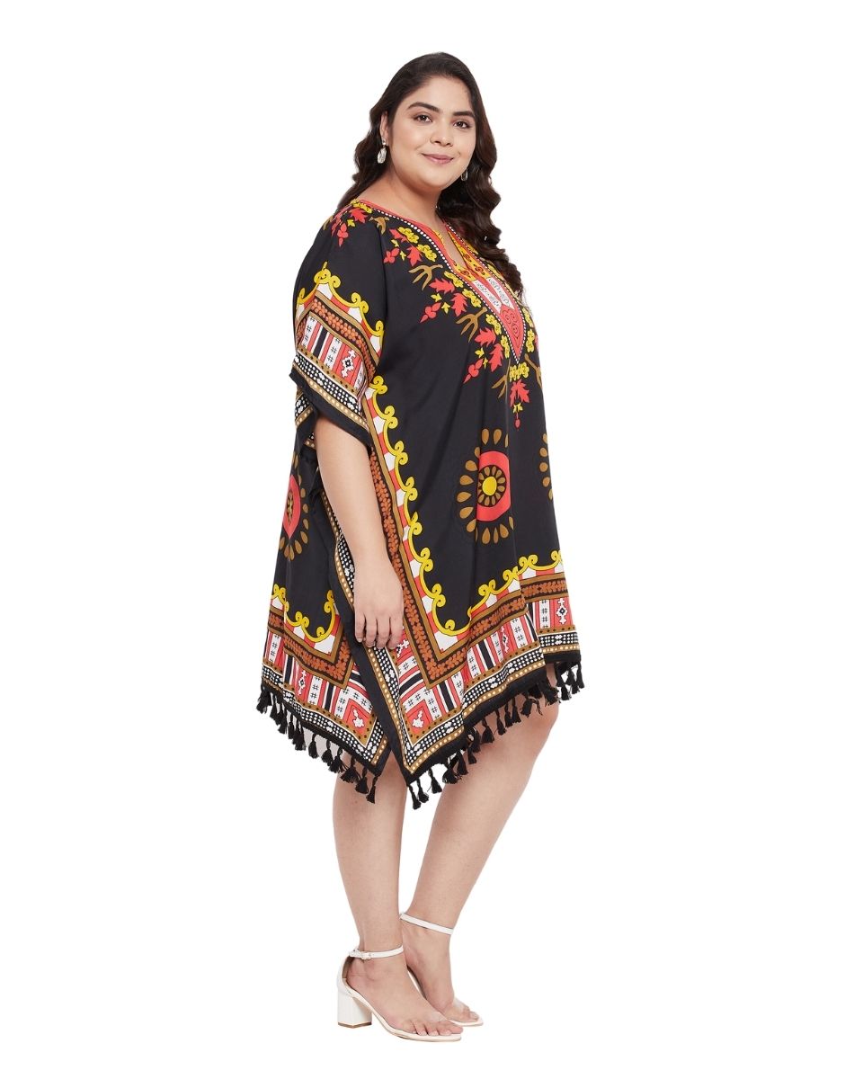 Top Tribal Printed Black Polyester Plus Size Tunic For Women
