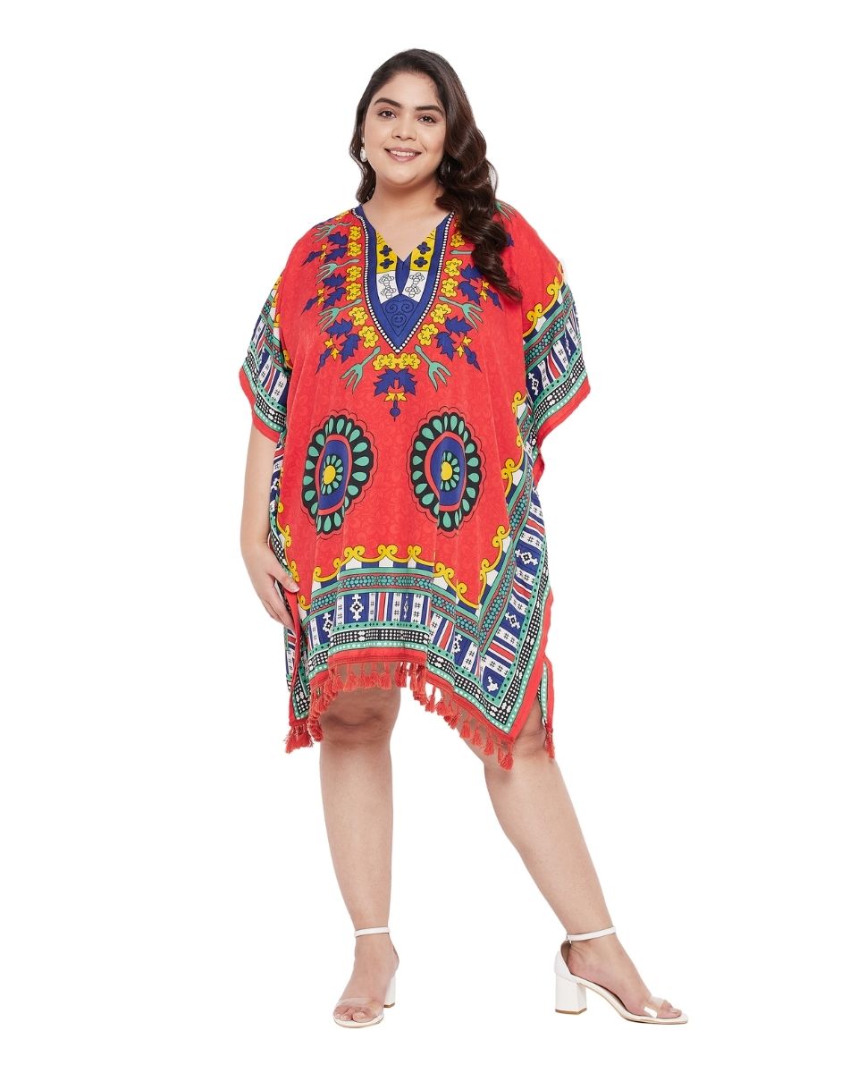 Tribal Printed Red Polyester Tunic Top For Plus Size Women