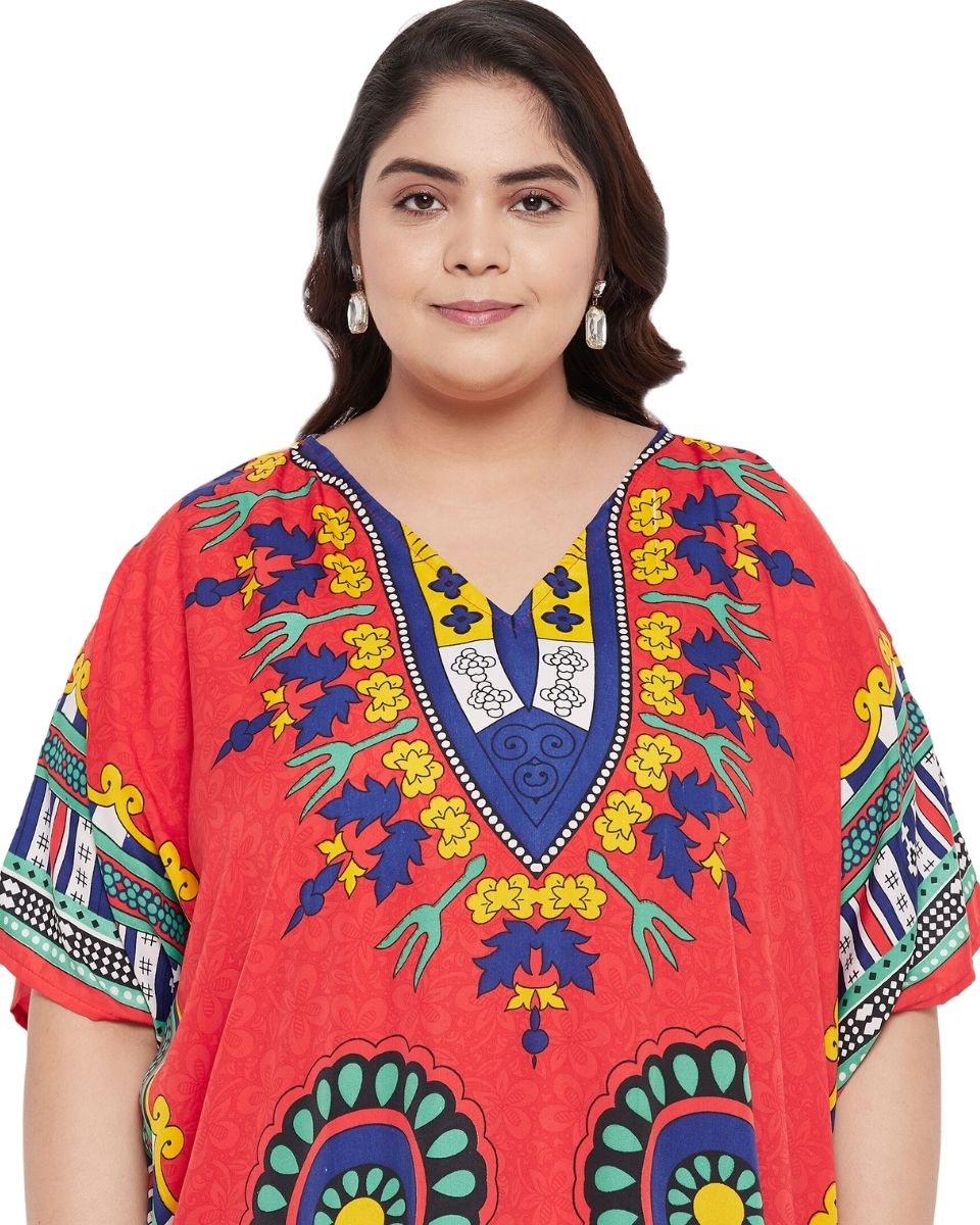 Tribal Printed Red Polyester Tunic Top For Plus Size Women