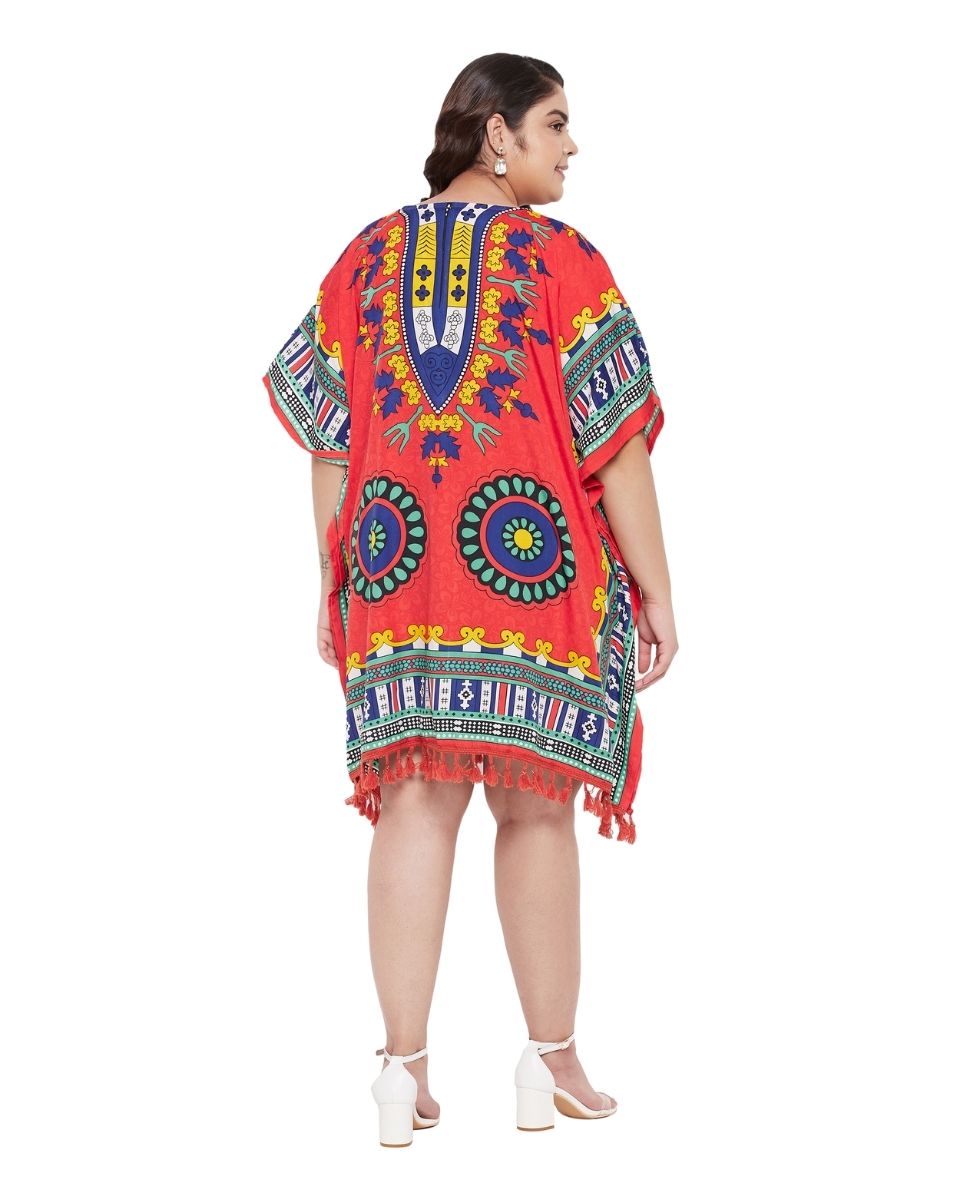 Tribal Printed Red Polyester Tunic Top For Plus Size Women
