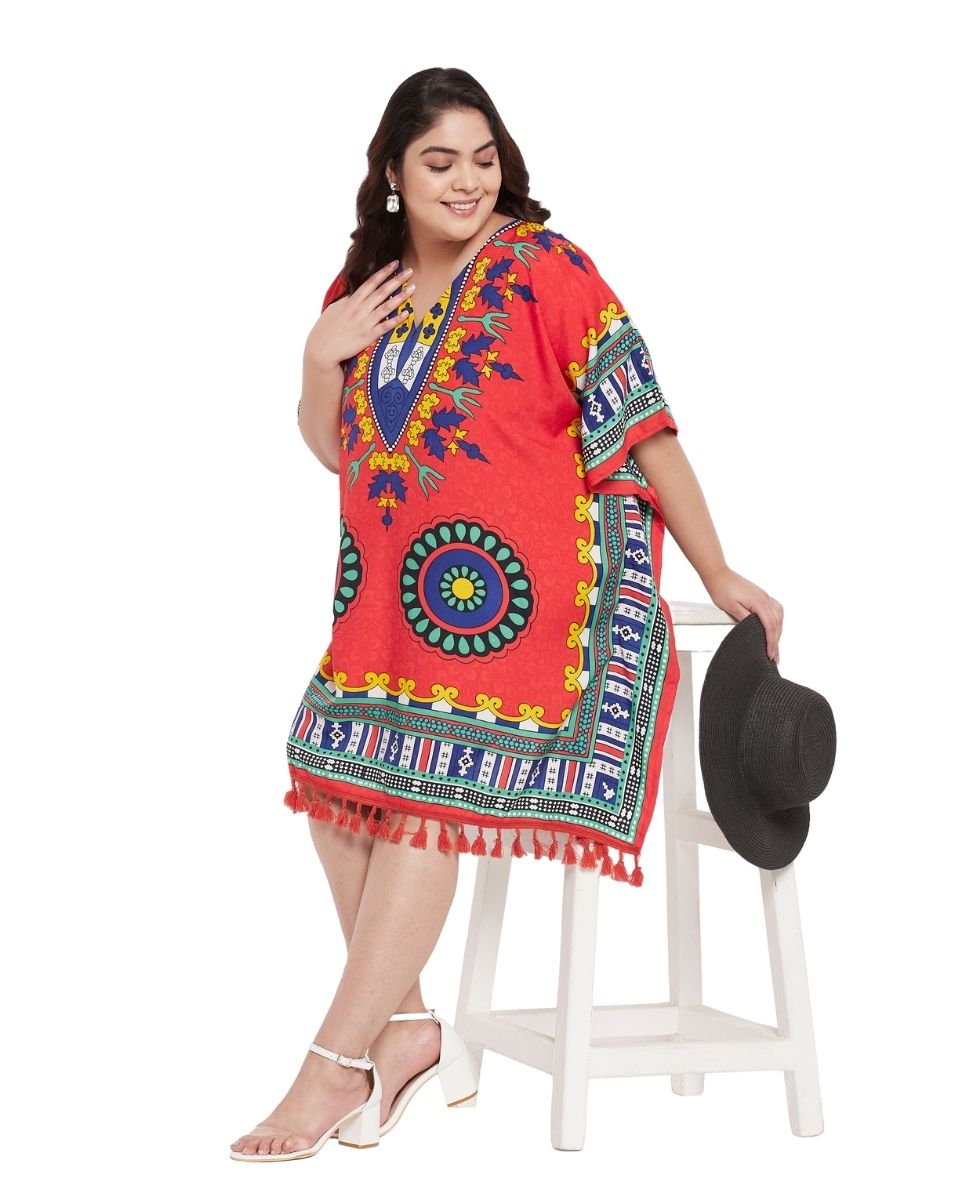 Tribal Printed Red Polyester Tunic Top For Plus Size Women