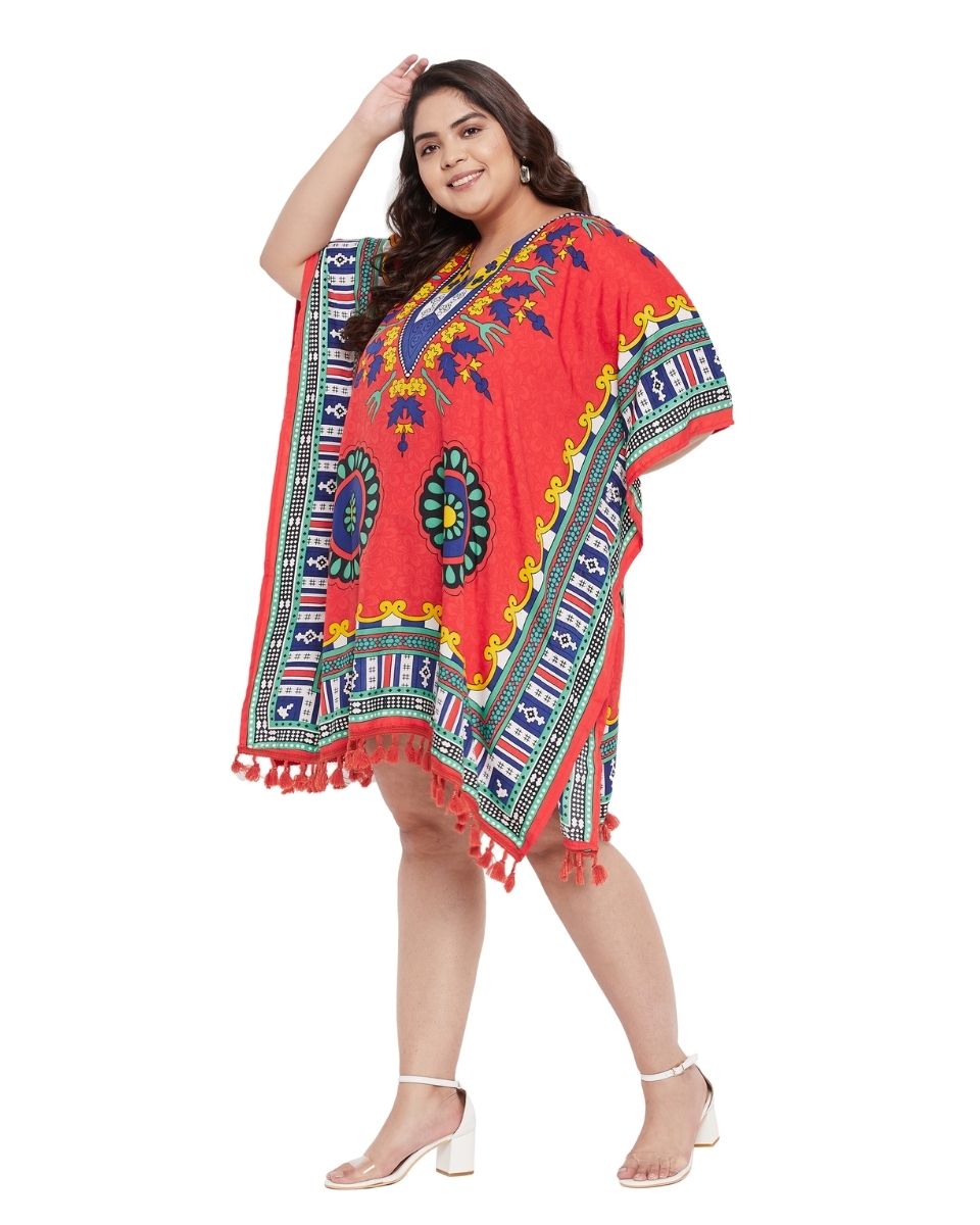 Tribal Printed Red Polyester Tunic Top For Plus Size Women