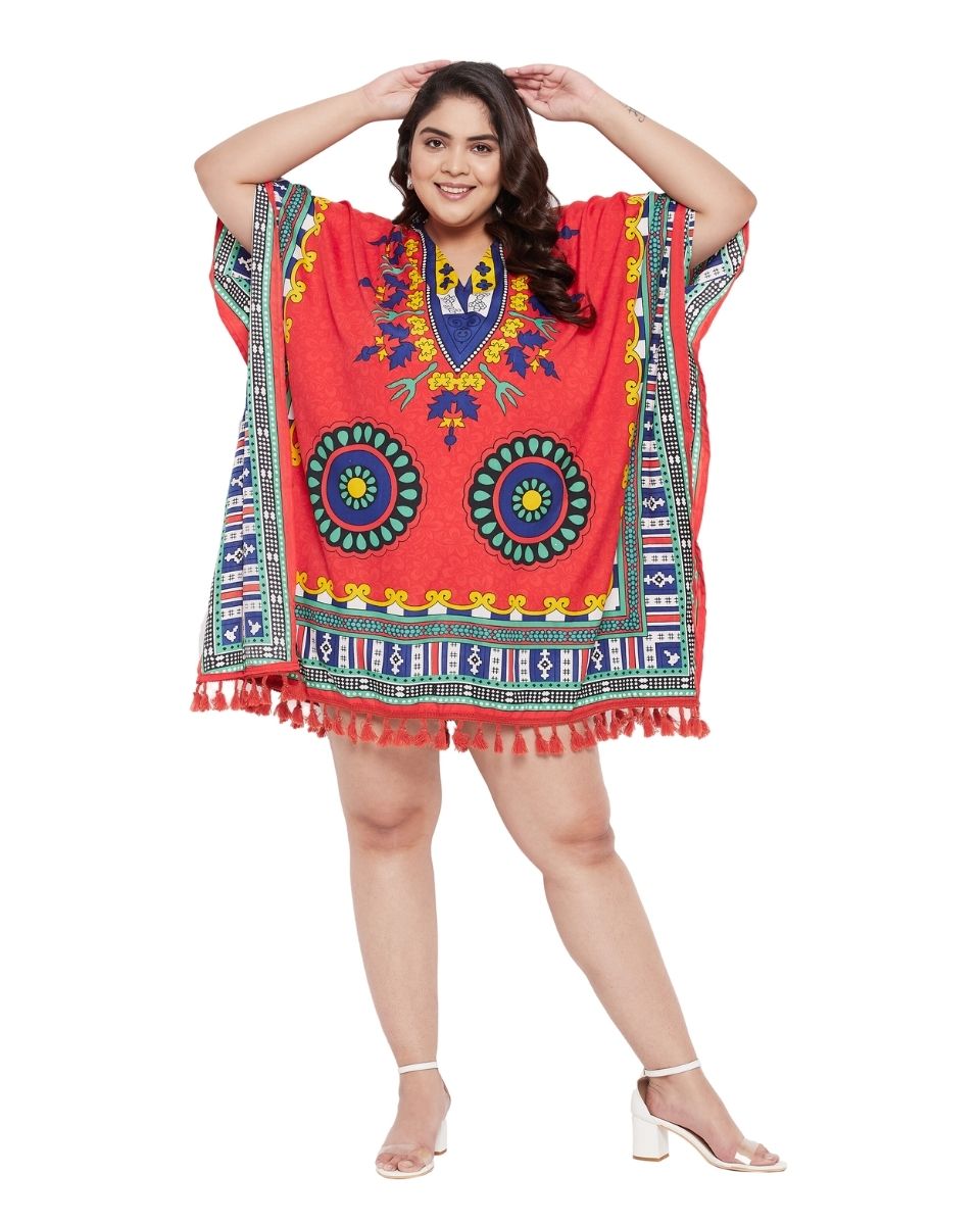 Tribal Printed Red Polyester Tunic Top For Plus Size Women