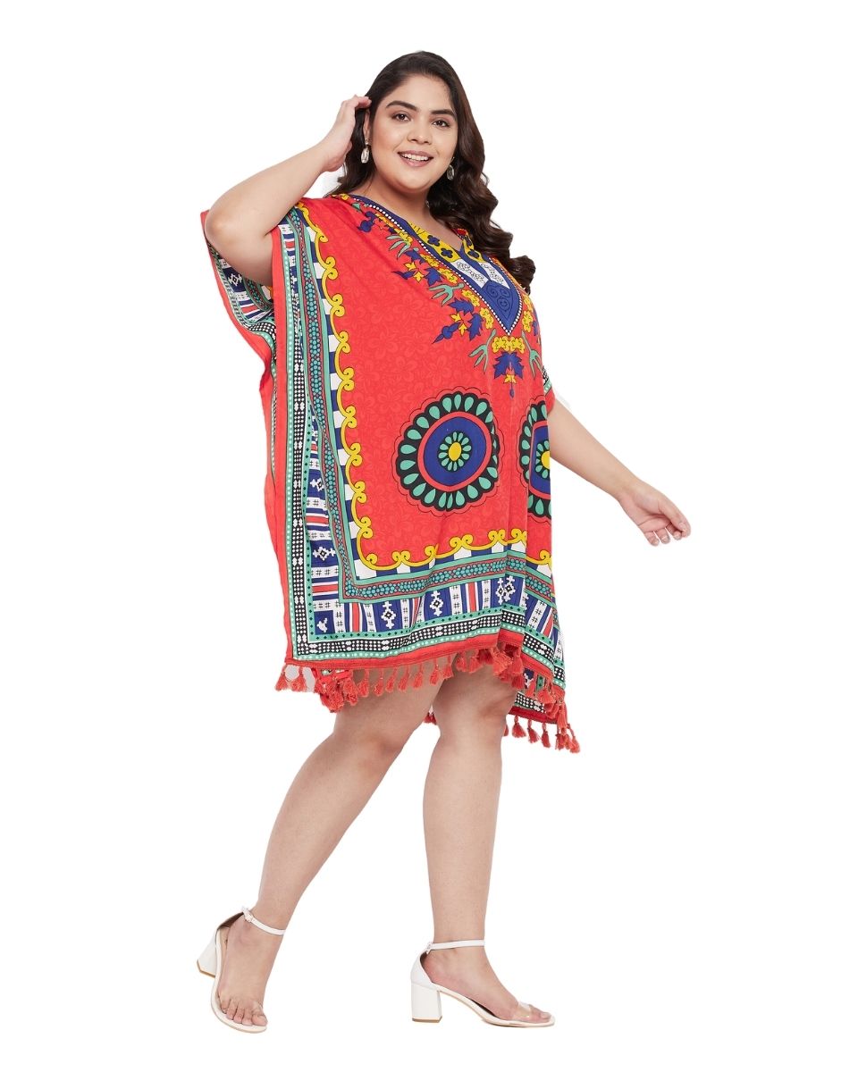 Tribal Printed Red Polyester Tunic Top For Plus Size Women