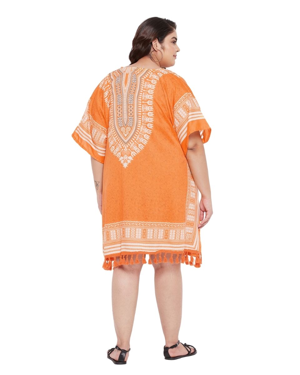 Top For Plus Size Women Tribal Printed Orange Polyester Tunic