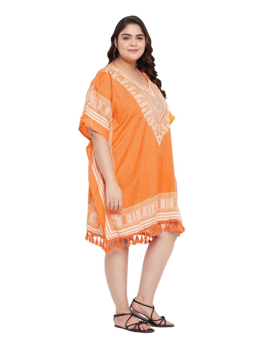 Top For Plus Size Women Tribal Printed Orange Polyester Tunic