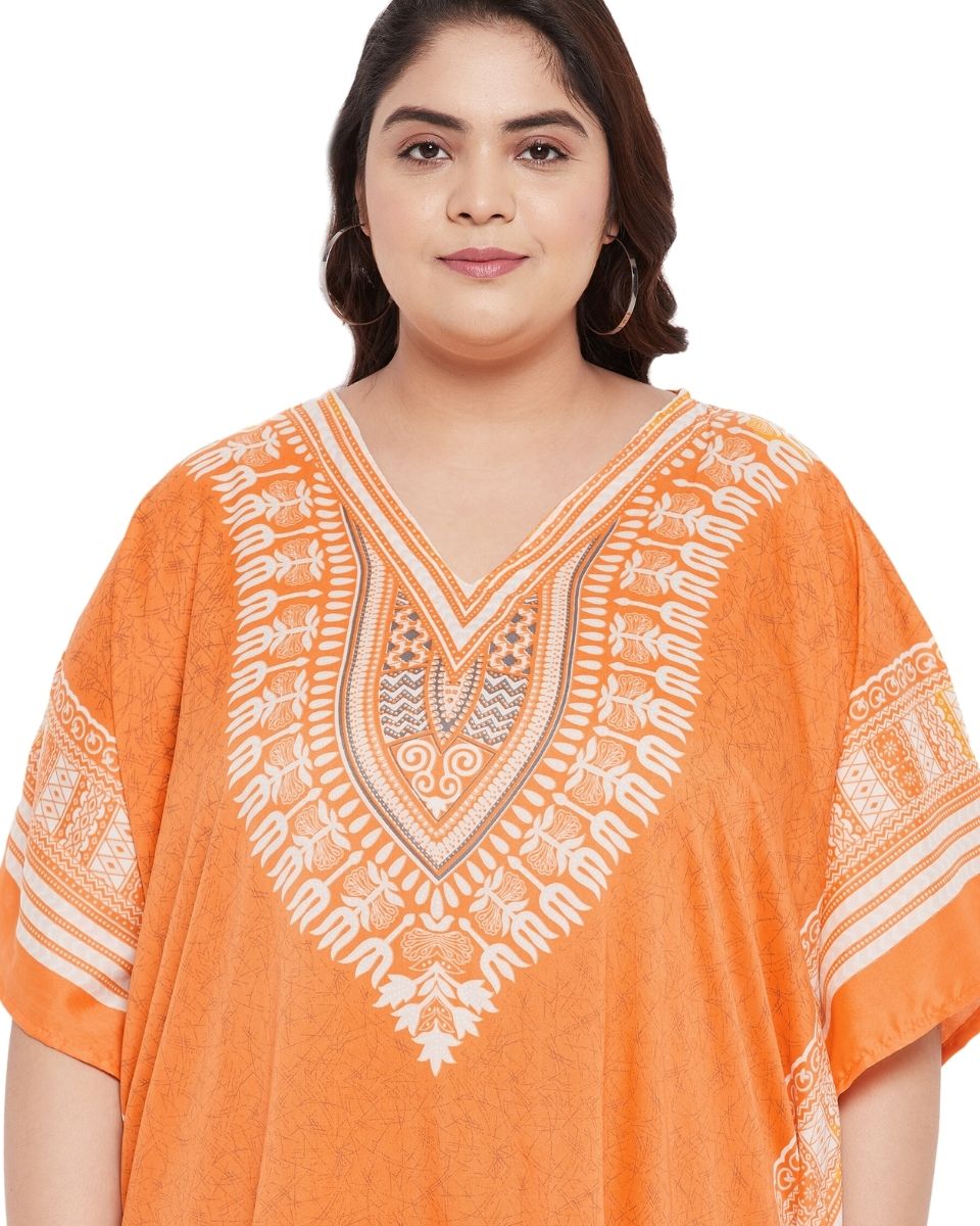 Top For Plus Size Women Tribal Printed Orange Polyester Tunic