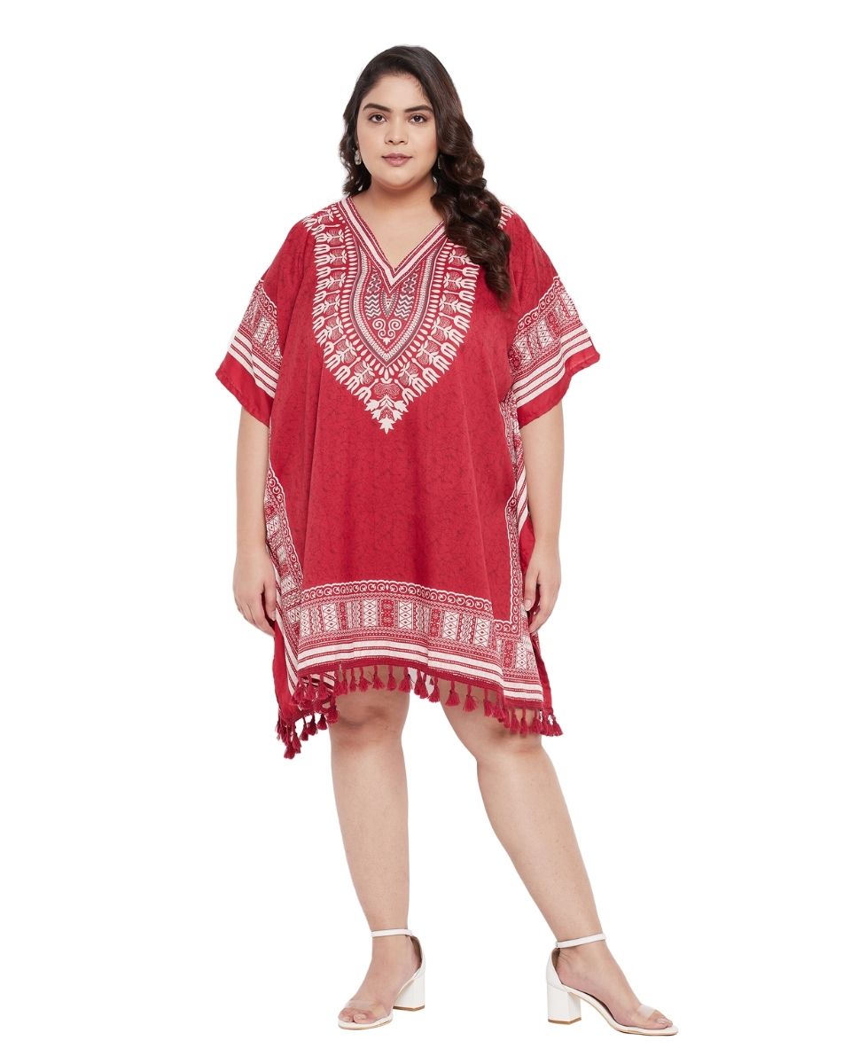Red Tribal Printed Polyester Tunic Top For Plus Size Women