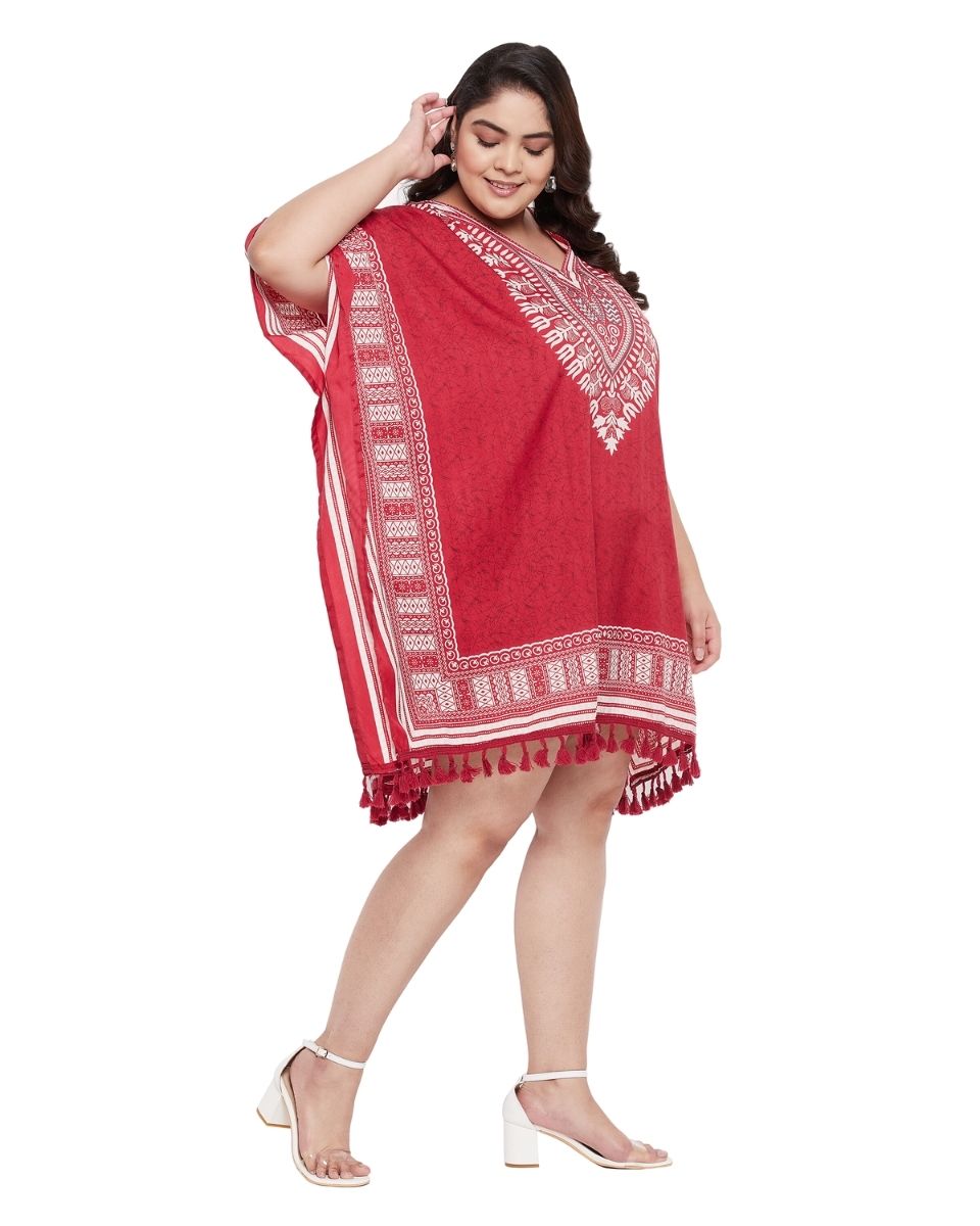 Red Tribal Printed Polyester Tunic Top For Plus Size Women