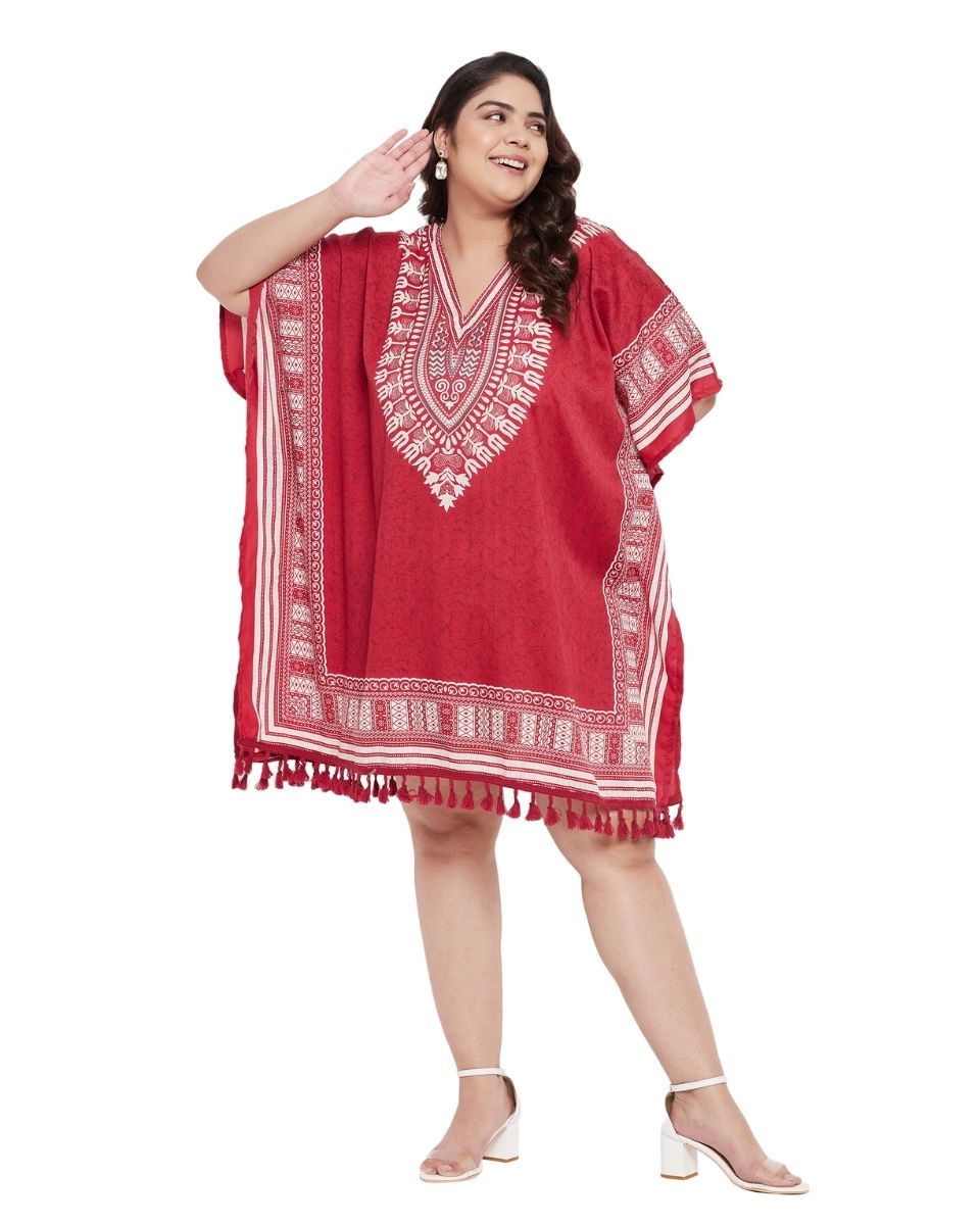 Red Tribal Printed Polyester Tunic Top For Plus Size Women