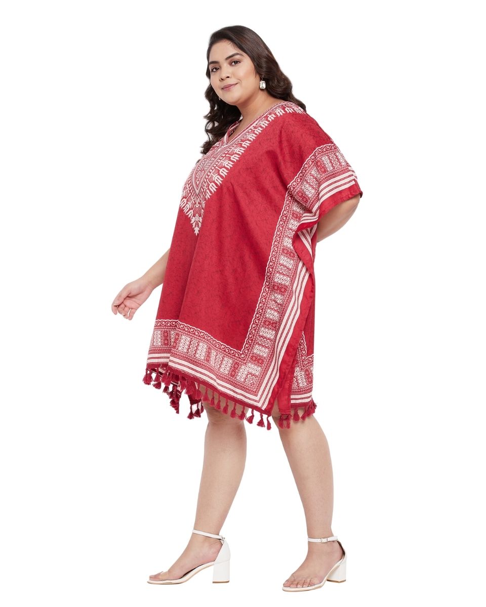 Red Tribal Printed Polyester Tunic Top For Plus Size Women