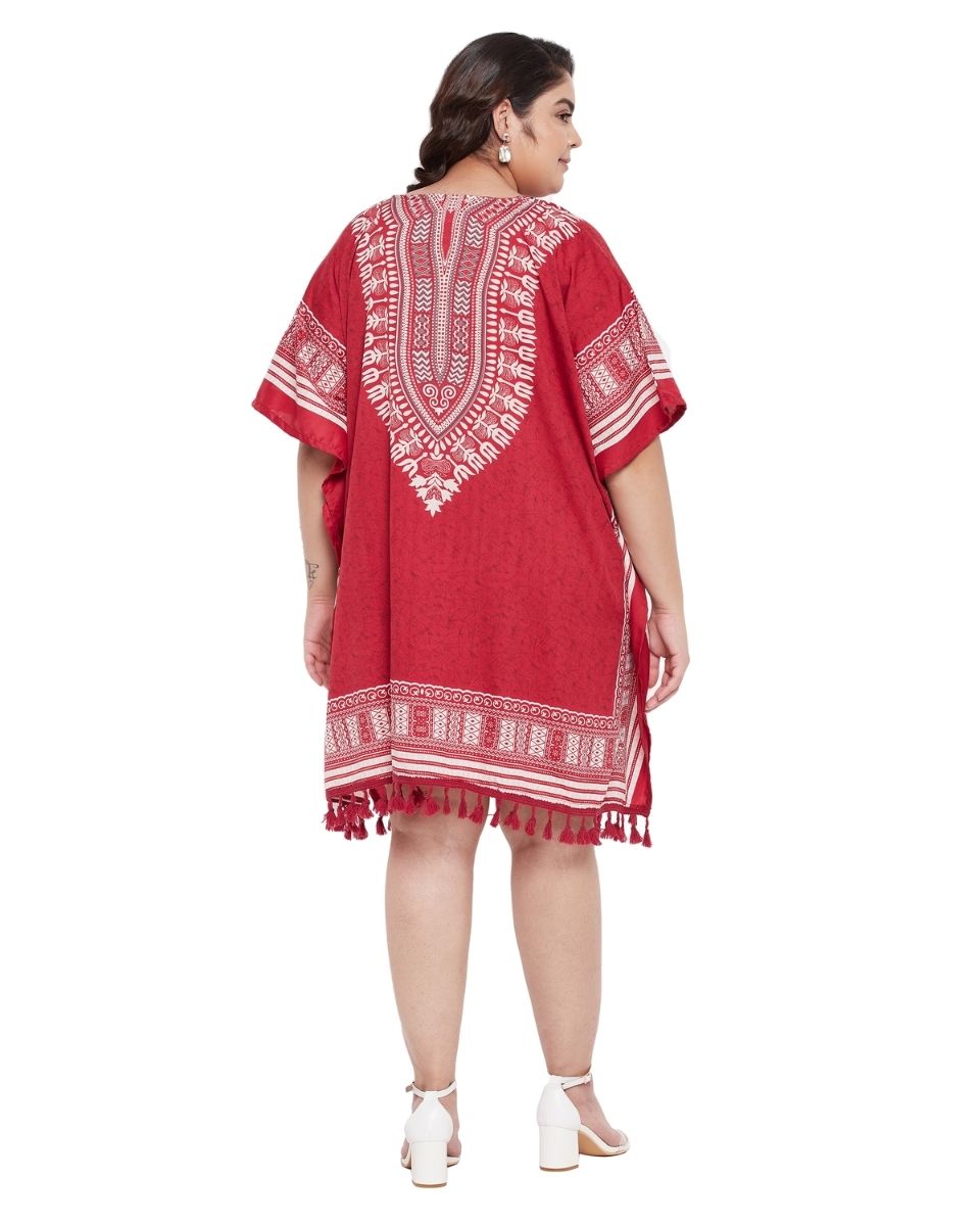 Red Tribal Printed Polyester Tunic Top For Plus Size Women
