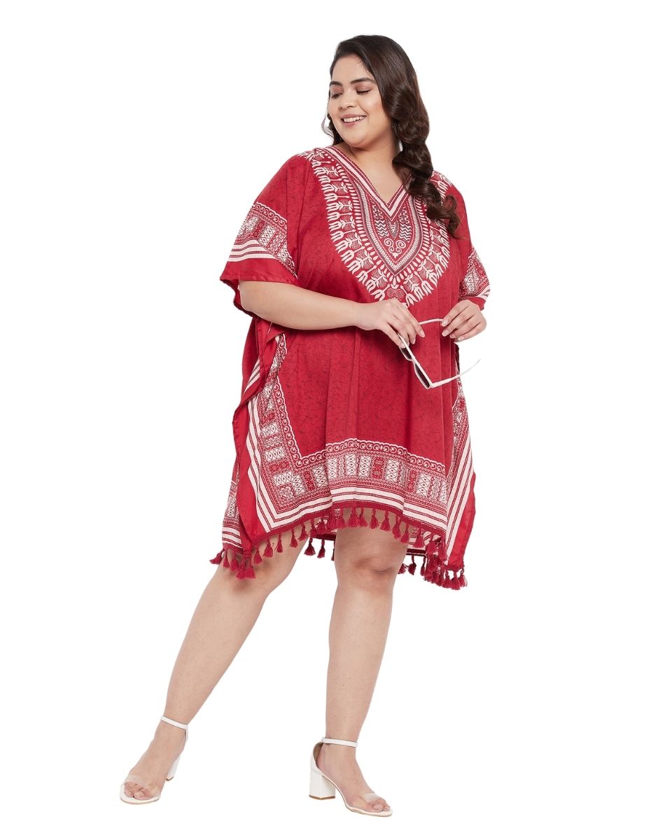 Red Tribal Printed Polyester Tunic Top For Plus Size Women