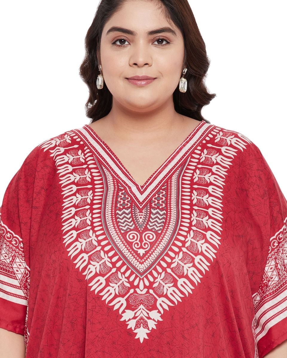 Red Tribal Printed Polyester Tunic Top For Plus Size Women