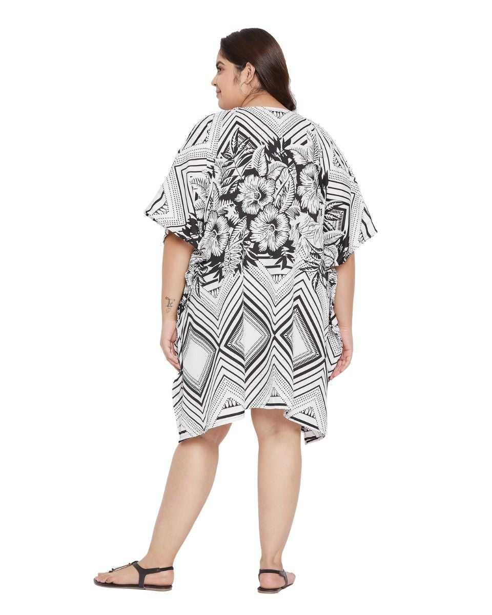 Floral Printed White Polyester Plus Size Tunic Top For Women