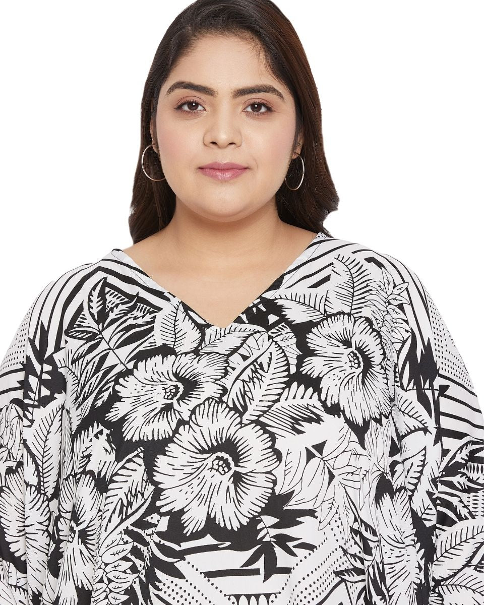 Floral Printed White Polyester Plus Size Tunic Top For Women