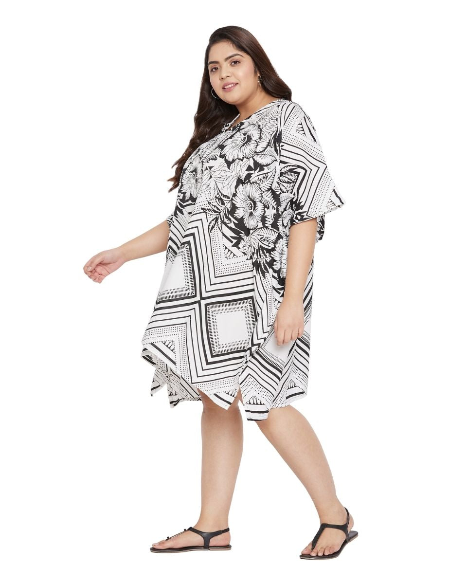 Floral Printed White Polyester Plus Size Tunic Top For Women
