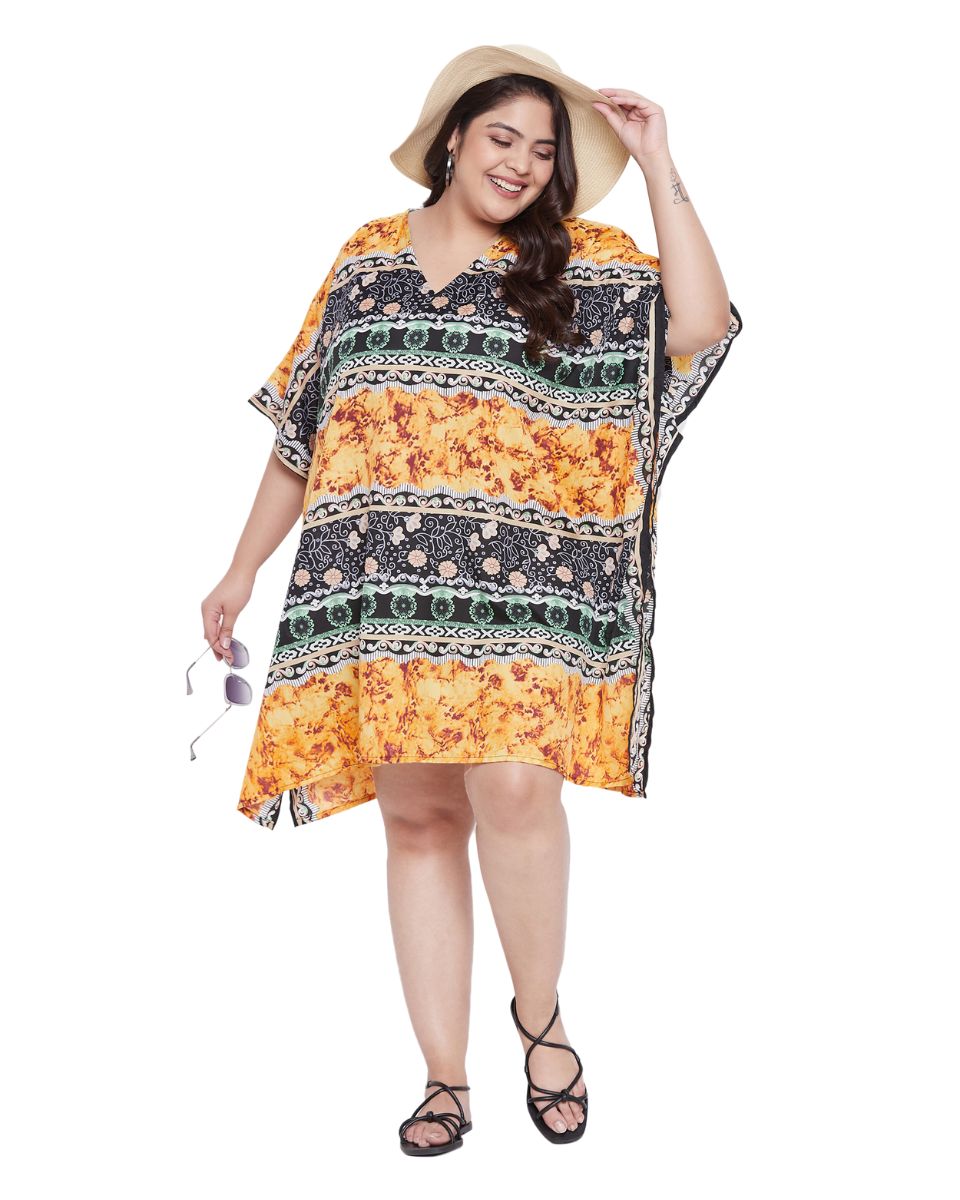 Floral Printed Yellow Polyester Tunic Plus Size Top For Women