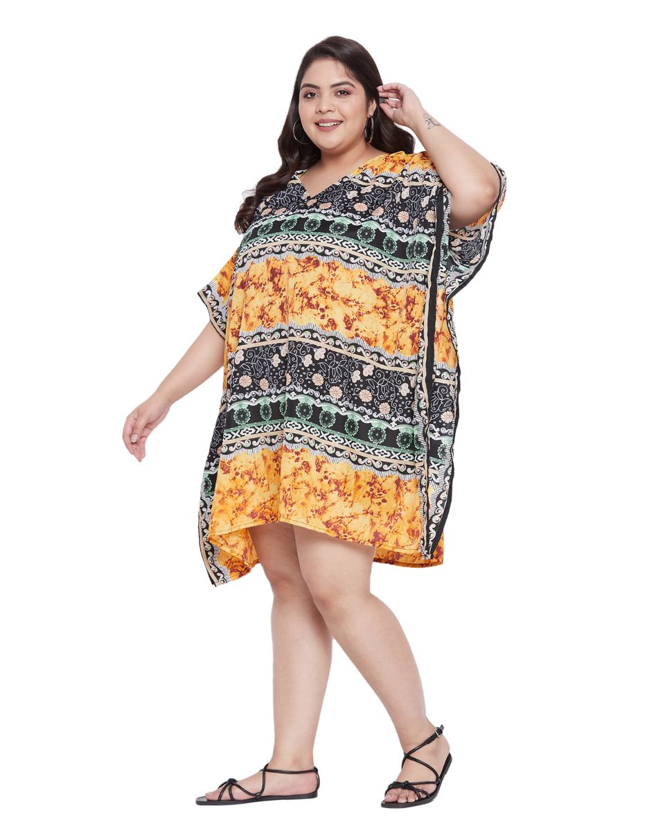 Floral Printed Yellow Polyester Tunic Plus Size Top For Women