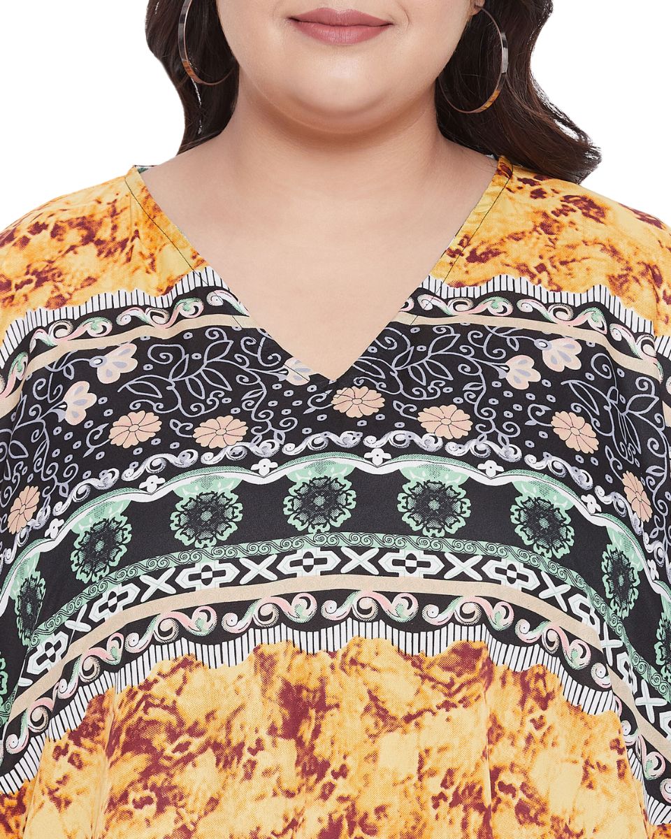 Floral Printed Yellow Polyester Tunic Plus Size Top For Women