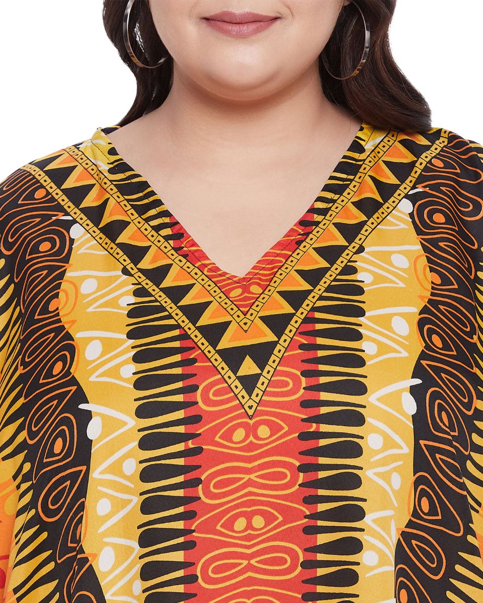 Top For Plus Size Women Tribal Printed Multicolor Polyester Tunic