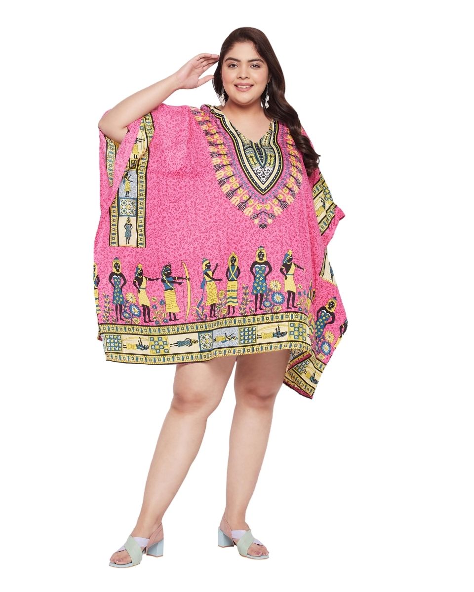Pink Tunic Tribal Printed Polyester Top For Plus Size Women