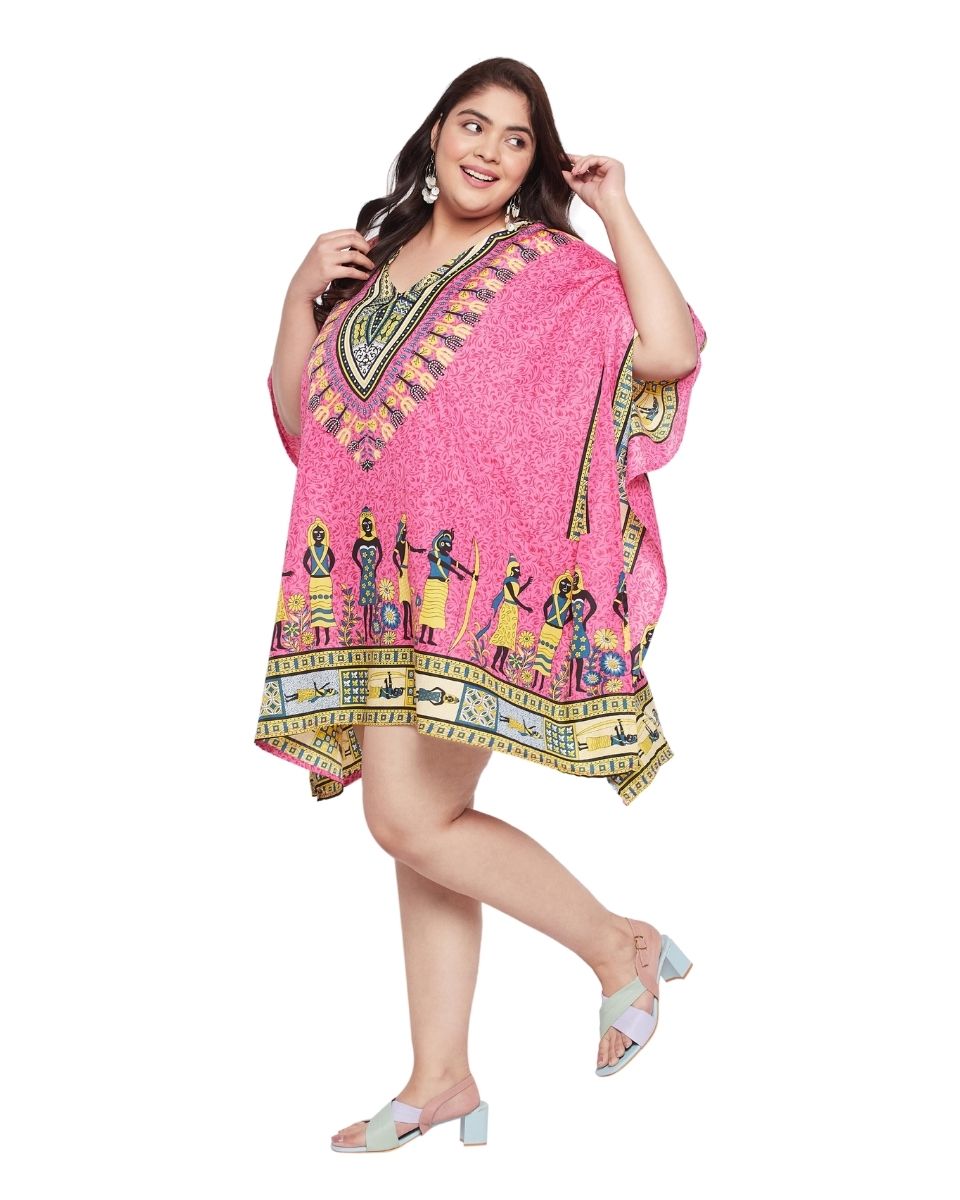 Pink Tunic Tribal Printed Polyester Top For Plus Size Women