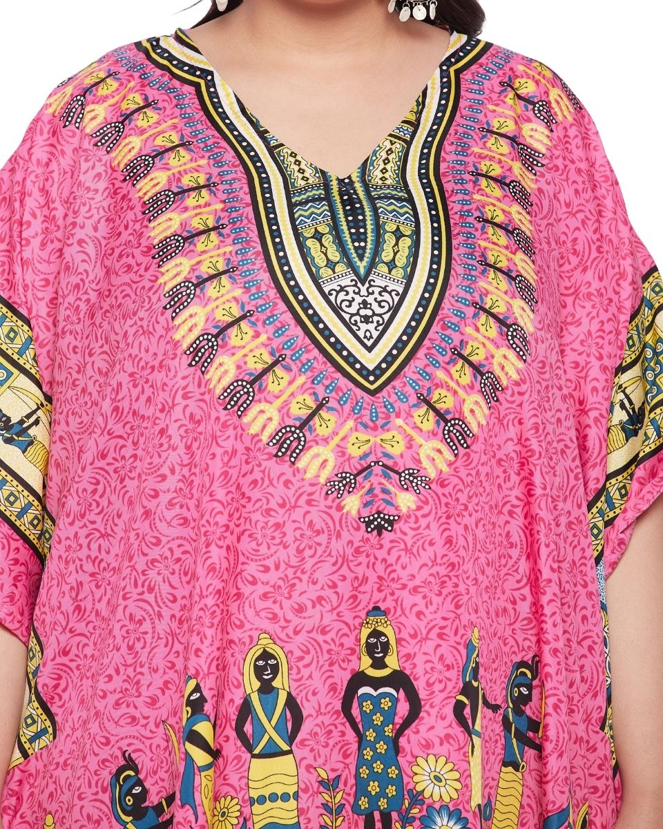 Pink Tunic Tribal Printed Polyester Top For Plus Size Women