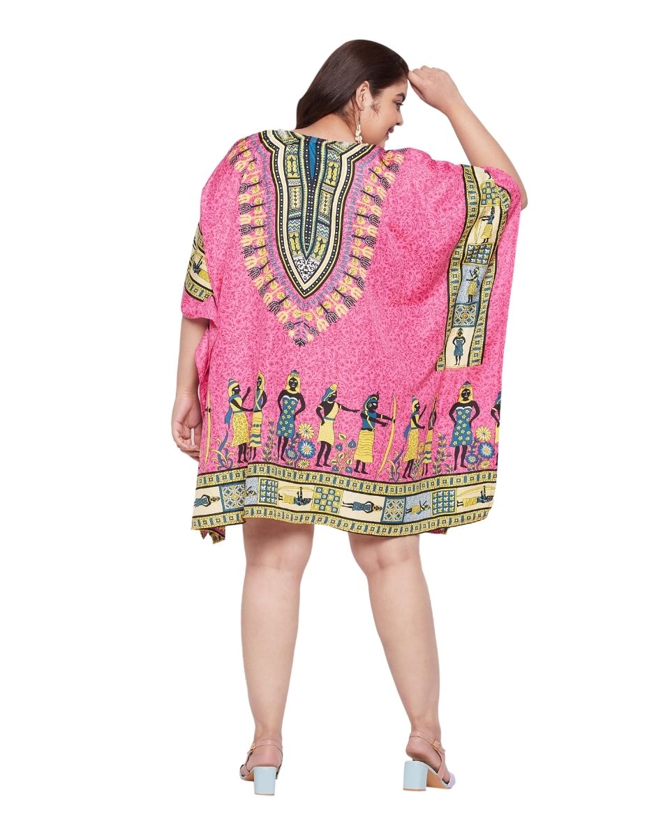Pink Tunic Tribal Printed Polyester Top For Plus Size Women