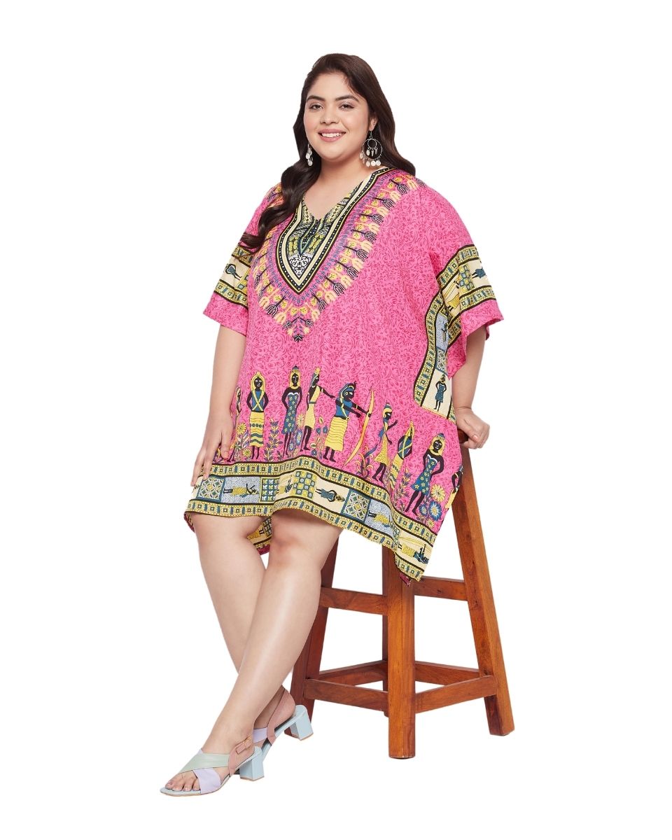 Pink Tunic Tribal Printed Polyester Top For Plus Size Women